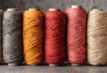 Five spools of earthy-toned yarn, varying shades of gray, mustard, red, and beige, neatly aligned on a mottled gray surface