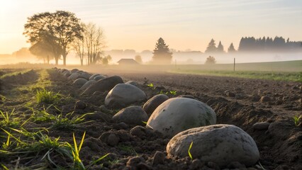 Obraz premium Rocks partially buried in a farm field, soft early morning light and slightly moist soil clumps
