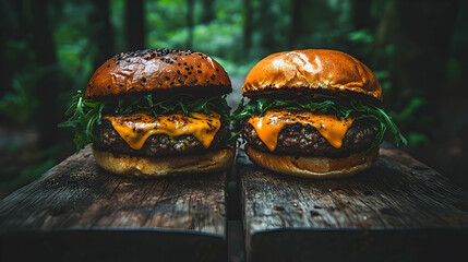 Juicy cheeseburgers rustic wood picnic setting gourmet food photography