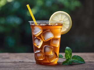 Plastic glass with ice tea and lemon on wooden table with green garden on the background. Summer drink and refreshment. Ai Generative.