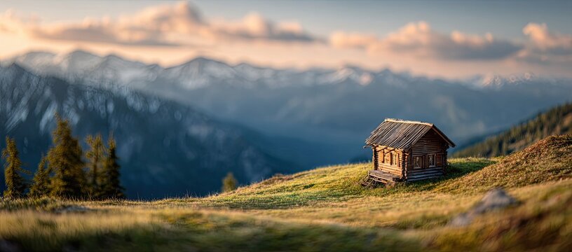 A rustic wooden cabin sits atop a grassy hill overlooking a majestic, snow-capped mountain range at sunset