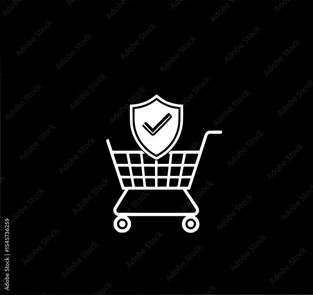 Poster secure shopping cart: a minimalist line art illustration depicts a shopping cart protected by a shie