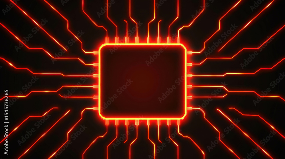 Poster futuristic glowing microchip with vibrant red circuit pathways emanating from the center on a dark b