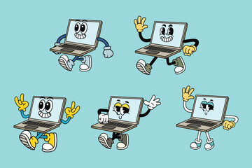 Set of Happy Laptop in Various Poses Character Cartoon Illustration Retro style