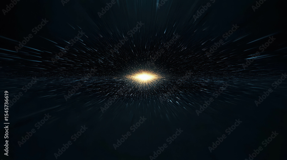Poster vast cosmic scene with light emitting from center and surrounding stars in dark space background for