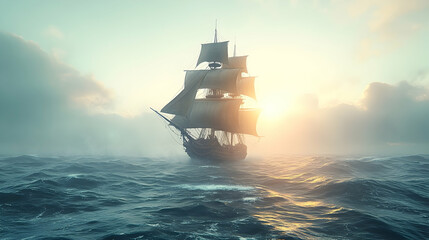 Sailing ship at sunrise misty ocean calm sea dramatic lighting travel adventure