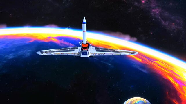 Sleek spacecraft traversing colorful atmospheric bands, exposing vast planetary landscape during interstellar exploratory mission