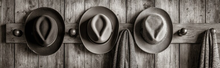 Three fedoras and a scarf hang on a rustic wooden rack against a weathered wood wall, monochrome