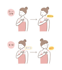 正しい姿勢と巻き肩の女性の比較イラストセット