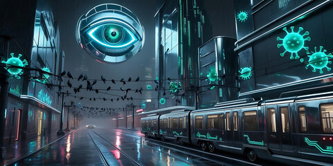 Futuristic tram ride through rainy cyber city

