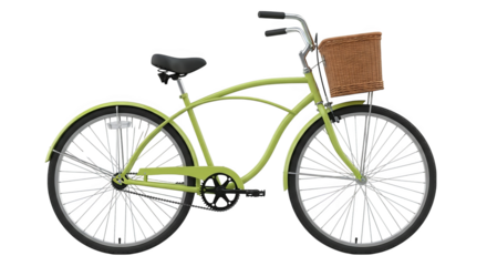 A light green bicycle with a wicker basket presents a classic, vintage aesthetic appeal for leisure.