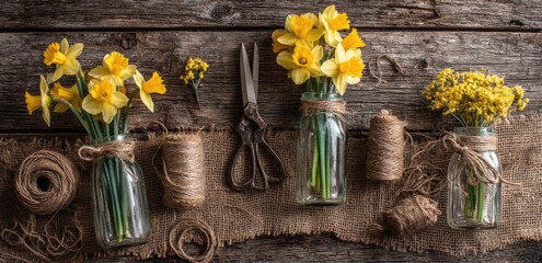 Rustic arrangement of yellow daffodils in glass jars, twine, and vintage scissors on burlap over weathered wood