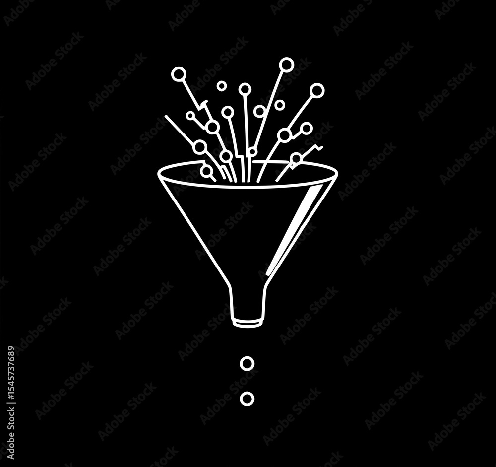 Fototapete data funnel: a minimalist line art illustration depicting a funnel with data points flowing into it,