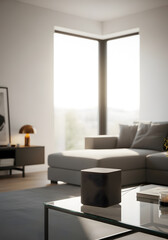 Smart speaker voice assistant listening on coffee table in living room