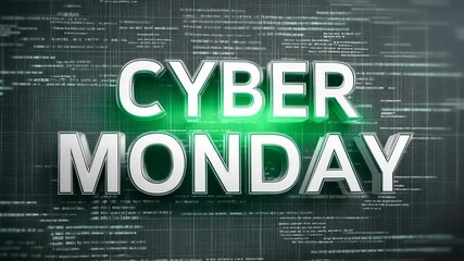 Cyber Monday in white and green tones stands out on a digital abstract background with network lines and pixel elements. Concept of online sales and digital marketing. - Powered by Adobe