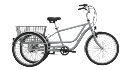 A gray tricycle featuring a rear basket is rendered, ideal for accessible transportation needs.