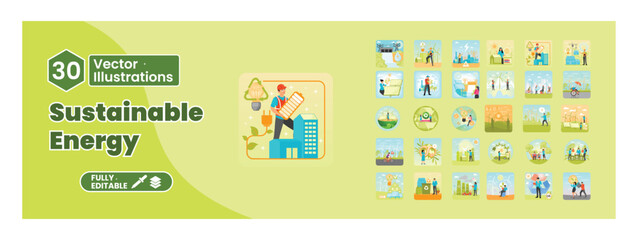 Collection of vector illustrations highlighting sustainable energy and eco initiatives. Mega set.