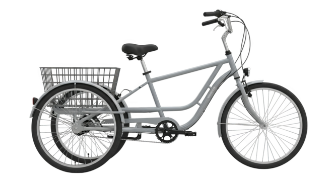 A gray tricycle featuring a rear basket is rendered, ideal for accessible transportation needs.