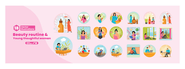 Set of wellness and beauty routine illustrations of women performing self-care. Mega set.