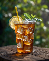 Plastic glass with ice tea and lemon on wooden table with green garden on the background. Summer drink and refreshment. Ai Generative.