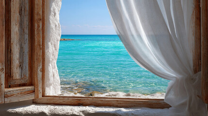 Obraz na płótnie Canvas Tropical turquoise sea view through rustic window with white curtains