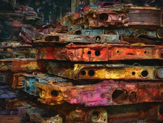 A colorful stack of rusted, decaying car parts in a junkyard, showing various colors and textures of aged metal