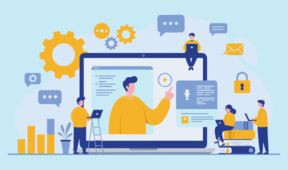 Collaborative Teamwork in Digital Workspace: Creative Professionals Working Together on Projects, Communication, and Innovation flat vector illustration