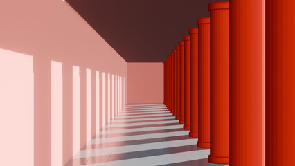 A symmetrical hallway with bold red columns casting rhythmic shadows on pastel pink walls, creating a harmonious blend of depth, balance, and abstract elegance