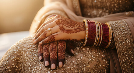 Bride resting on couch with decorated hands during wedding ritual