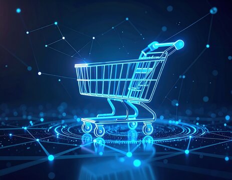 Glowing shopping cart on a digital network symbolizing online retail and ecommerce