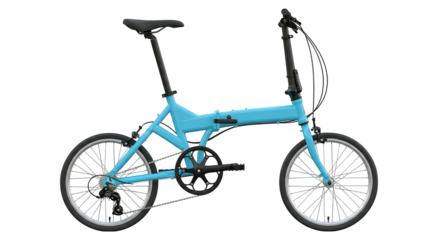 A modern light blue folding bicycle is showcased for portability and urban commuting convenience.