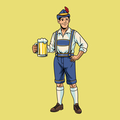 Traditional Bavarian men in lederhosen holding beer mugs, celebrating Oktoberfest with joyful expressions and festive clothing