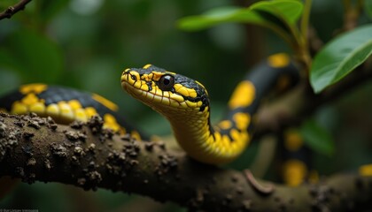 Obraz premium Close-up of a snake with black and yellow markings on a branch.