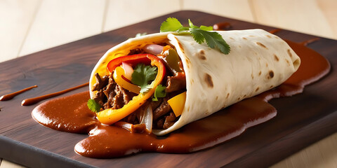 Warm tortilla wrapped with seasoned beef and peppers

