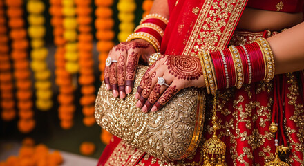 Bride with red dress holding purse and showing decorated hands