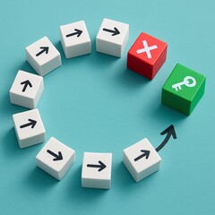 Obraz premium Arrows guide the way past a red cross to a green key