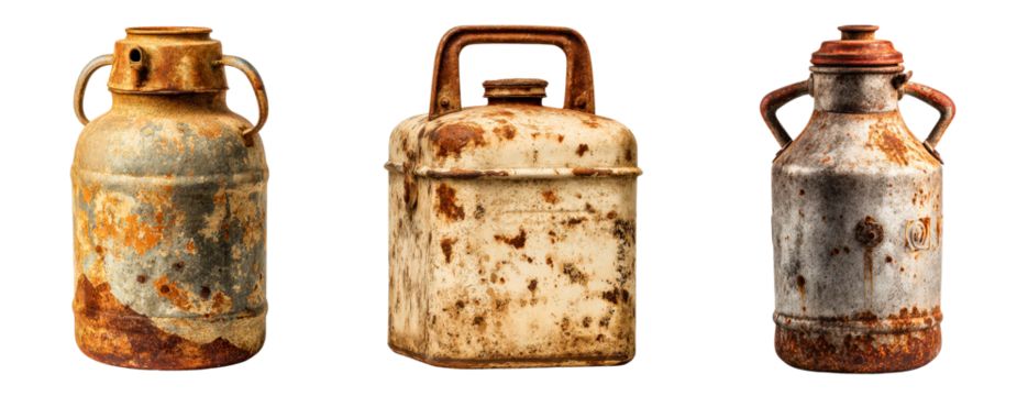 Collection of vintage metal milk containers featuring weathered surfaces and rusted handles isolated on a white or transparent background - Powered by Adobe
