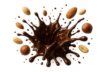 Melted chocolate splashing and nuts flying around, creating a dynamic and delicious visual on a transparent background