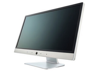 Fototapeta premium Sleek silver desktop computer monitor with blank screen, isolated on black background, modern technology, digital display.