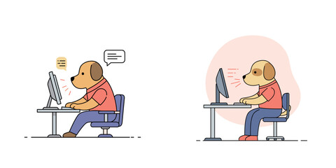 Dog working on computer, focused and engaged in tasks at desk with speech bubbles