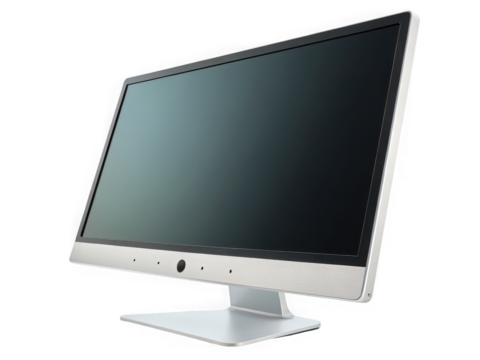 Sleek silver desktop computer monitor with blank screen, isolated on black background, modern technology, digital display.