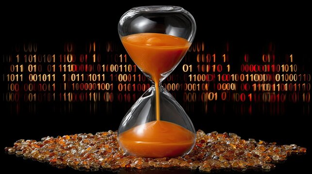 Hourglass with orange sand and binary code background
