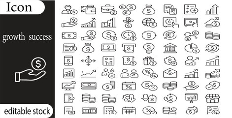 A collection of finance and business icons representing growth success and editable stock options available now