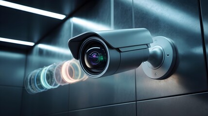 High-Tech Security Camera with Glowing Lens and Futuristic Digital Interface – Advanced Surveillance Concept