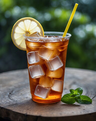 Plastic glass with ice tea and lemon on wooden table with green garden on the background. Summer drink and refreshment. Ai Generative.