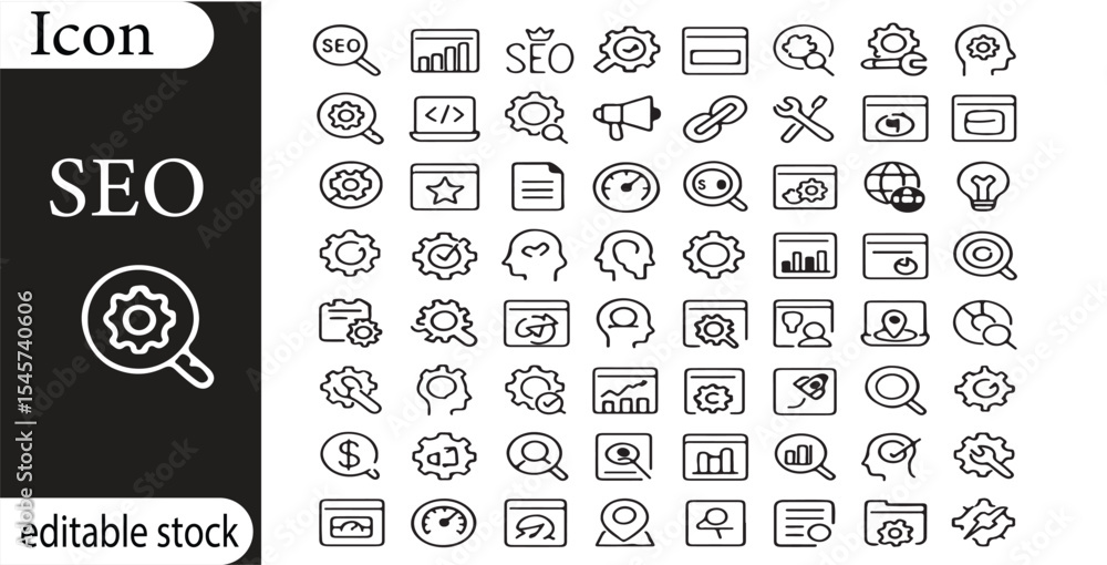 Poster a collection of seo icons arranged in a grid pattern showcasing various search engine optimization c