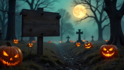 Spooky Halloween graveyard scene with carved pumpkins moonlight and a blank wooden sign perfect for your seasonal message