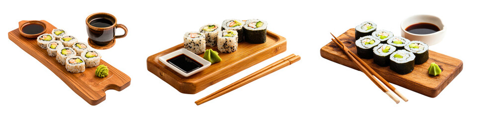 Collection of wooden sushi boards featuring maki rolls wasabi and soy sauce isolated on a white or transparent background