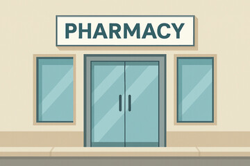 Pharmacy with a blue sign on the front