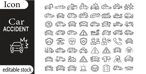 Collection of car accident icons depicting various scenarios and safety measures in a vector format